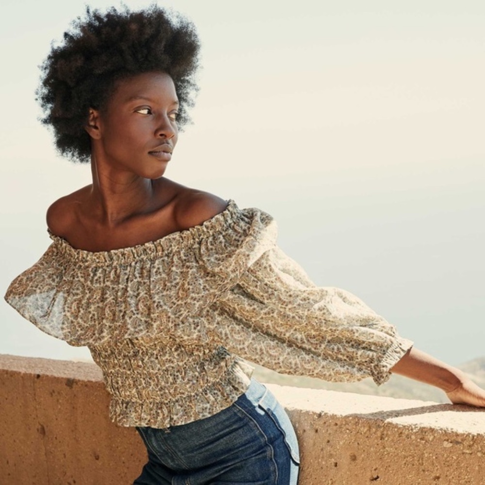 Doen Floral Off-Shoulder Top in Cream and Brown